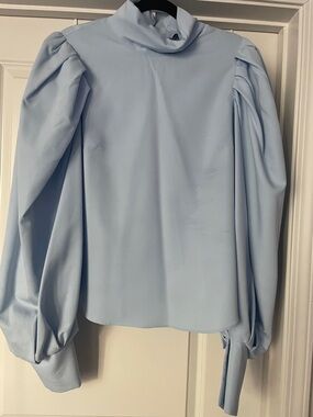 Ina Pale Blue Puff-Sleeve Mock Neck Blouse